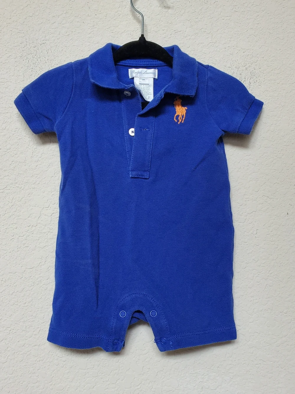 Ralph Lauren Royal Blue Polo Romper with Orange Pony. Size 3mths
